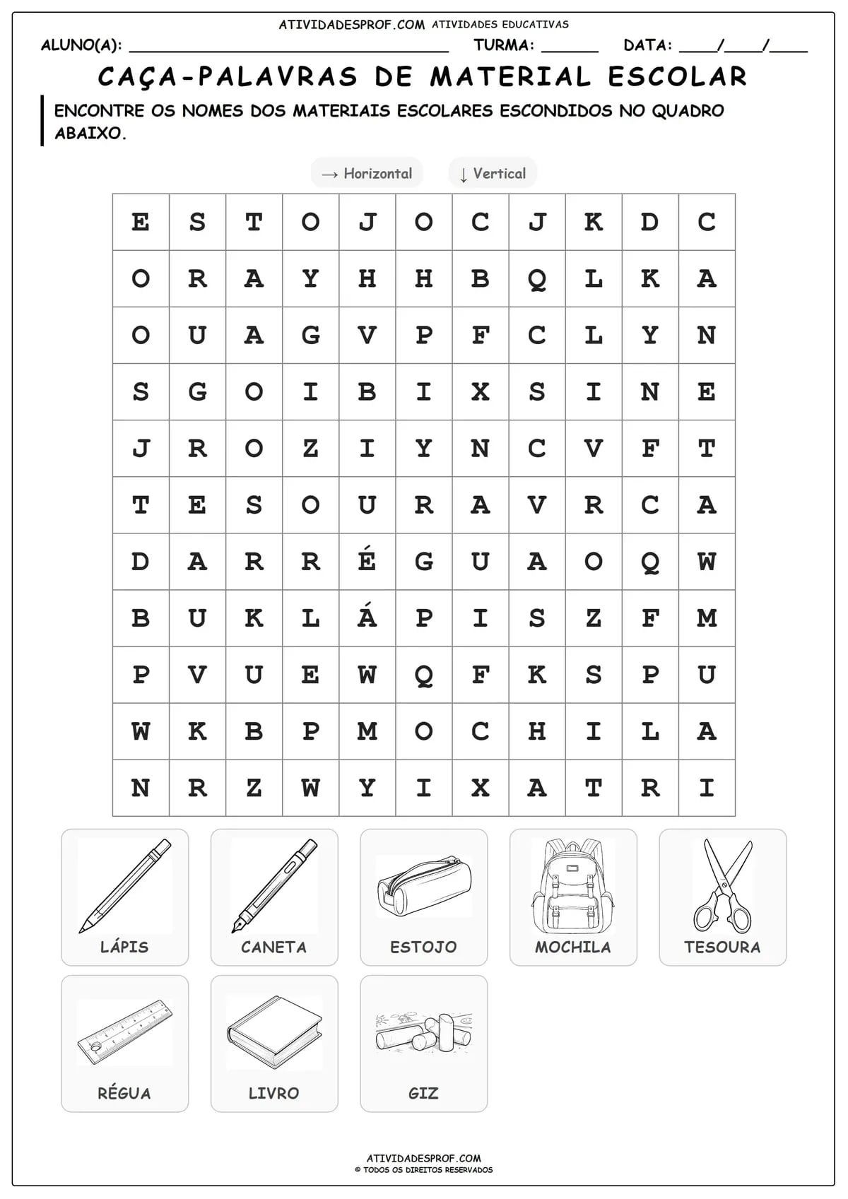 CAÇA-PALAVRAS DE MATERIAL ESCOLAR