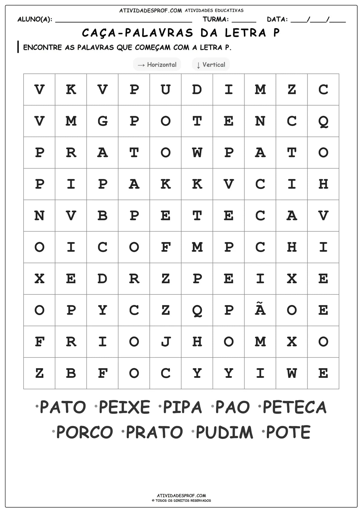 CAÇA-PALAVRAS DA LETRA P