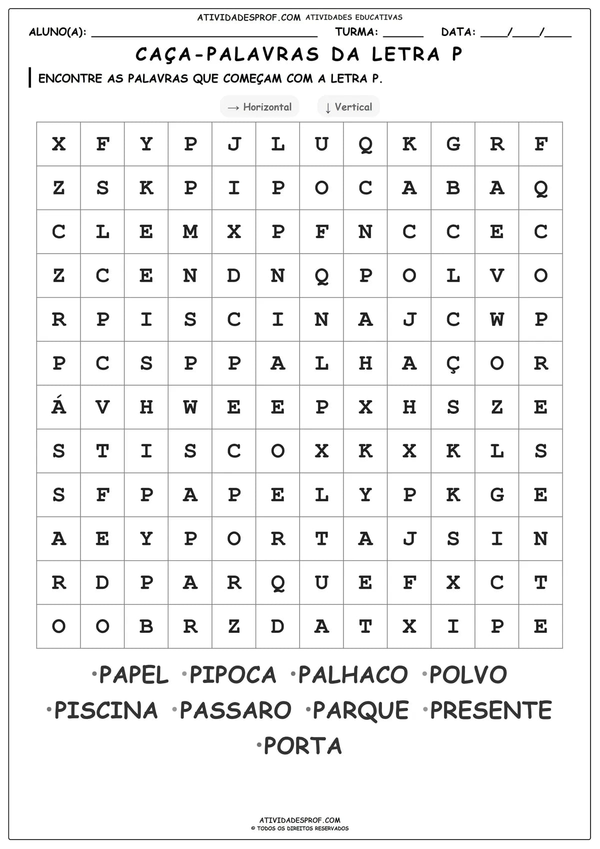 CAÇA-PALAVRAS DA LETRA P