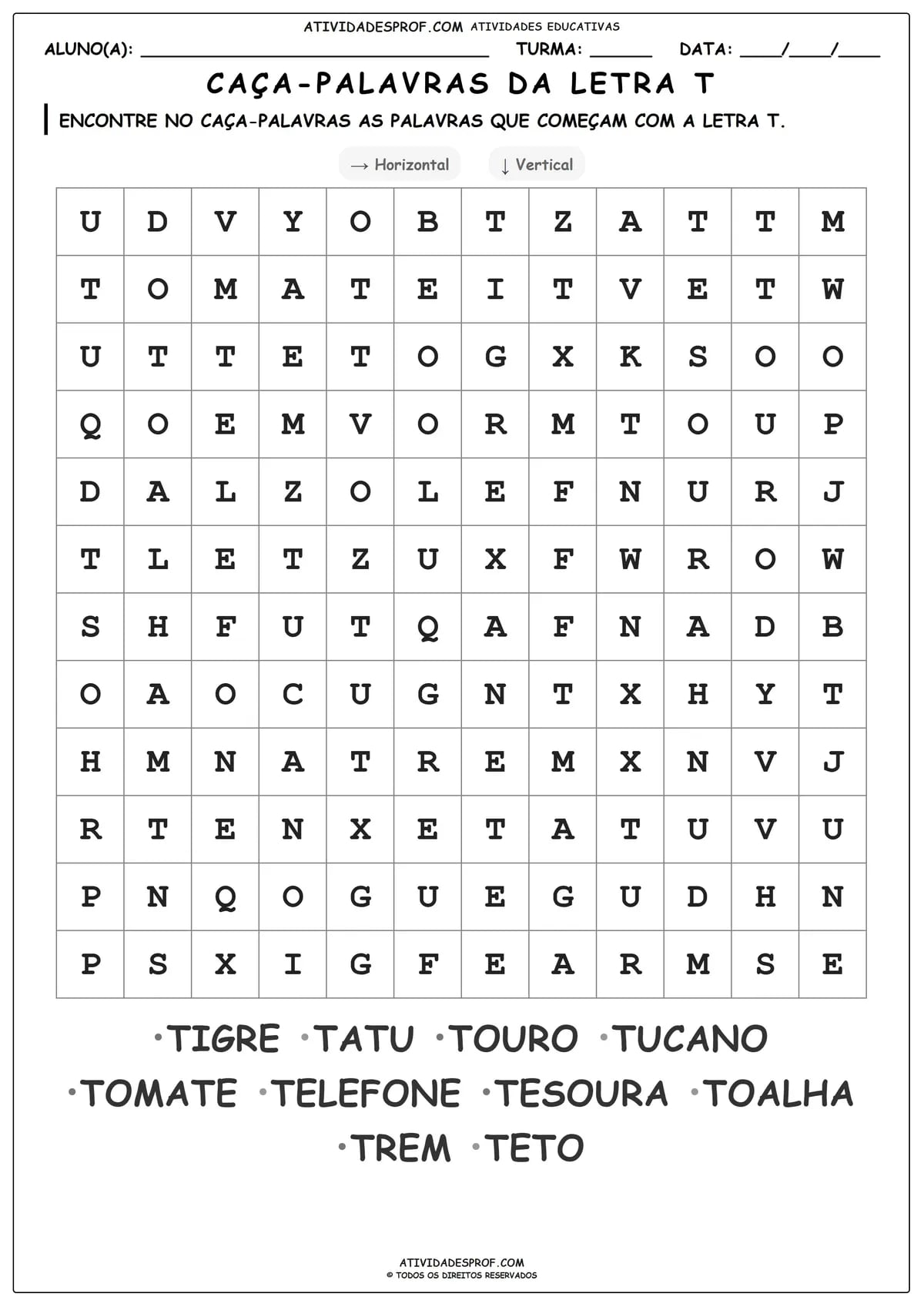 CAÇA-PALAVRAS DA LETRA T