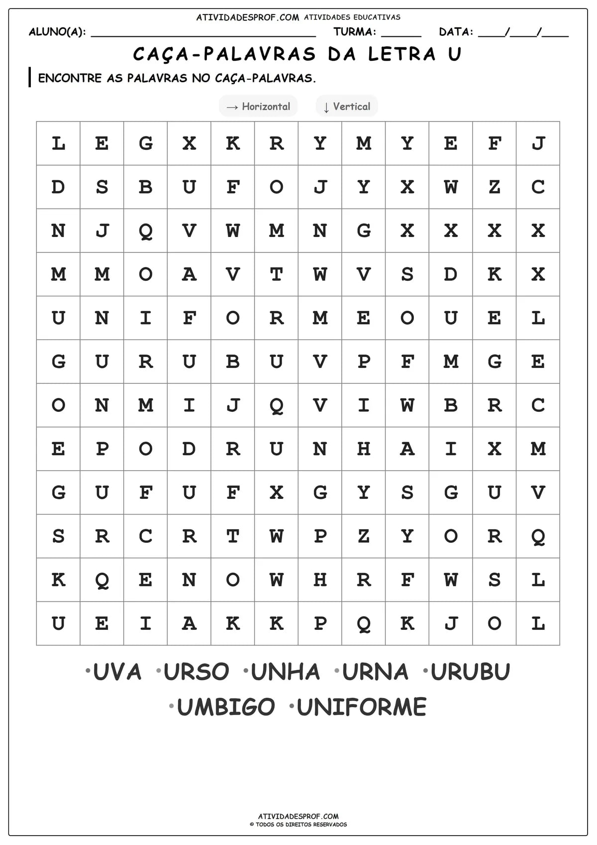 CAÇA-PALAVRAS DA LETRA U