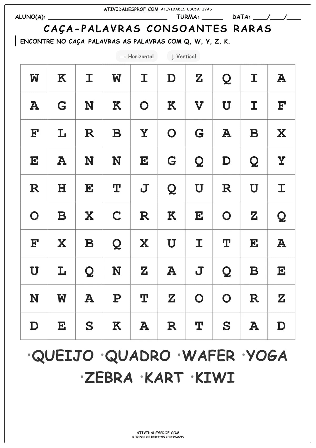 CAÇA-PALAVRAS CONSOANTES RARAS