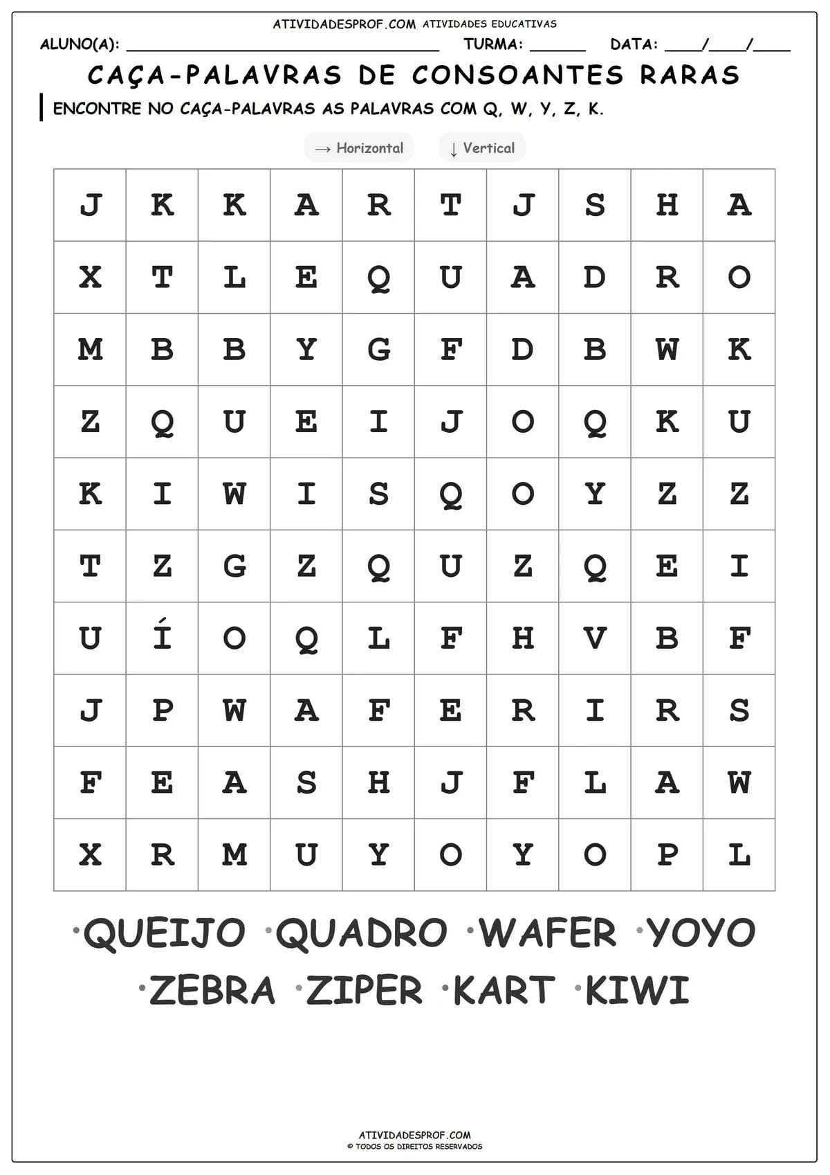 CAÇA-PALAVRAS DE CONSOANTES RARAS