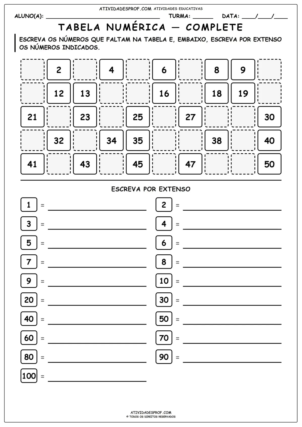TABELA NUMÉRICA — COMPLETE