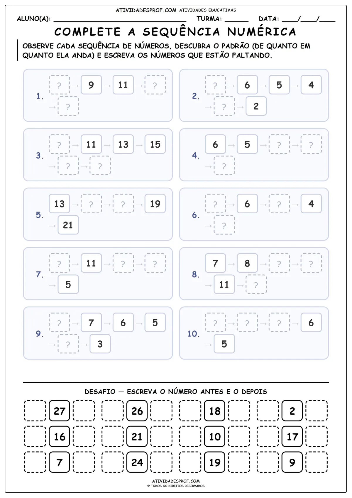 COMPLETE A SEQUÊNCIA NUMÉRICA