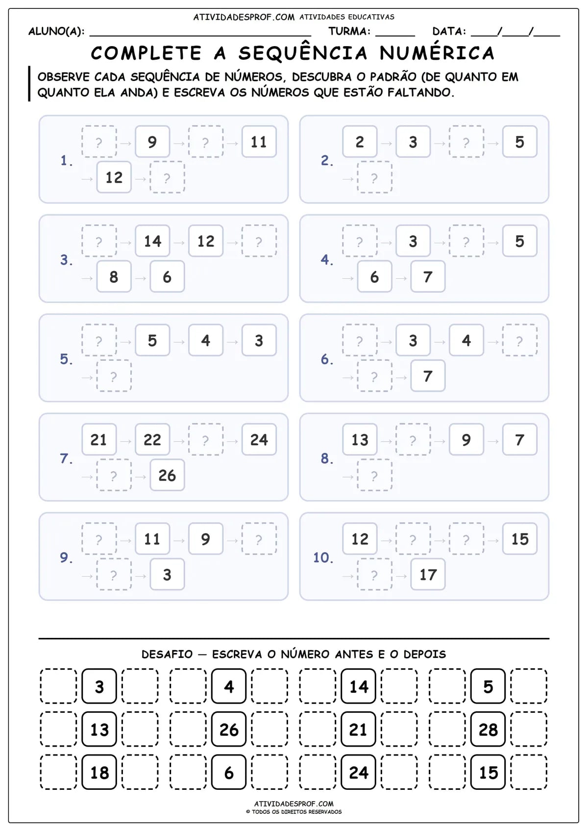 COMPLETE A SEQUÊNCIA NUMÉRICA