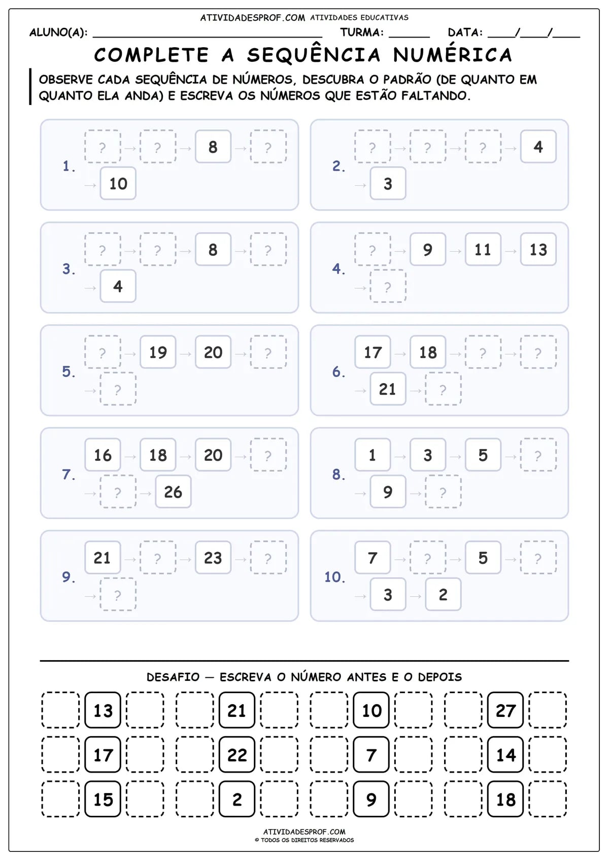 COMPLETE A SEQUÊNCIA NUMÉRICA