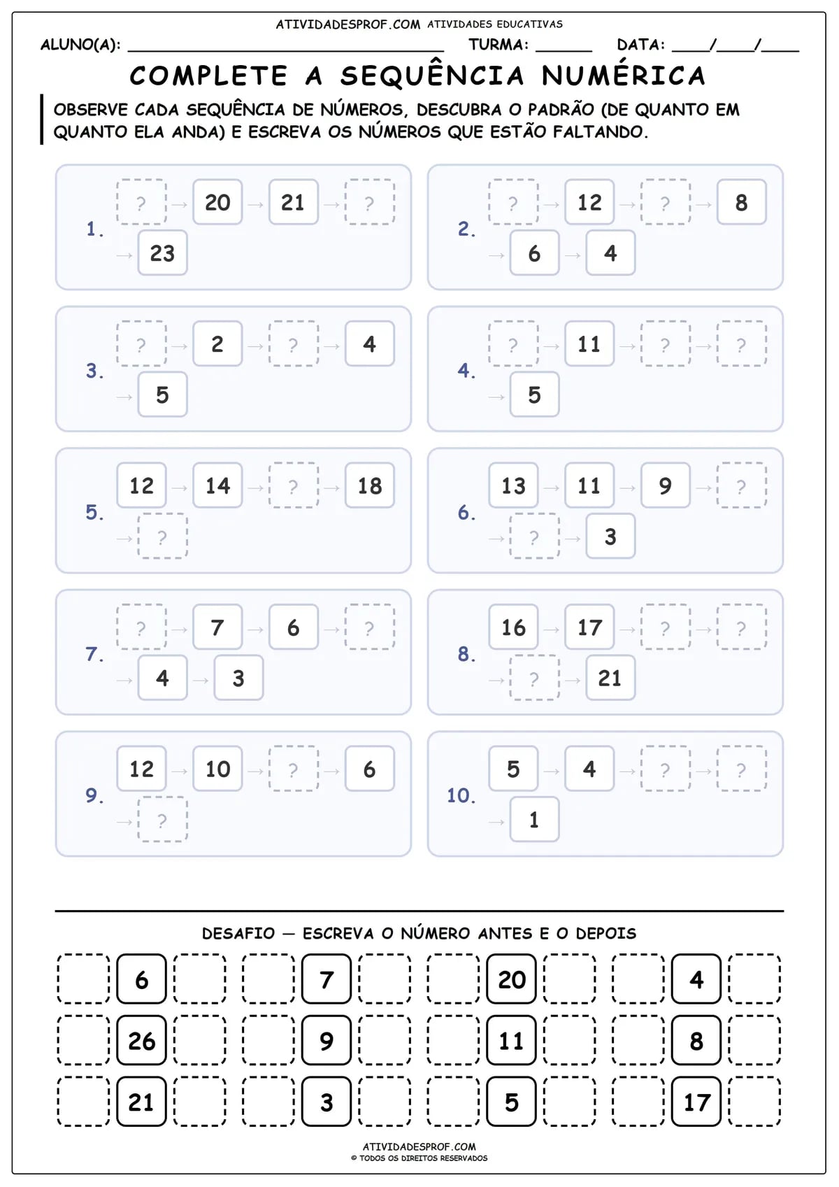 COMPLETE A SEQUÊNCIA NUMÉRICA