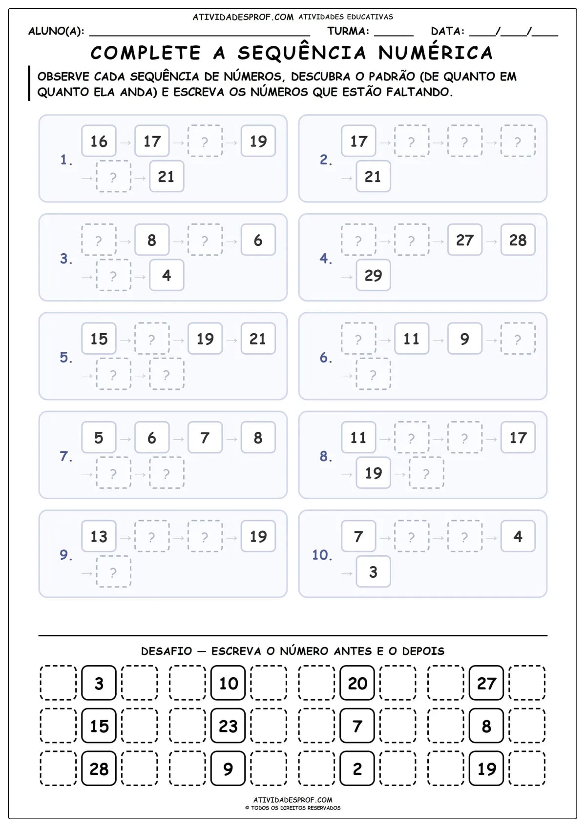 COMPLETE A SEQUÊNCIA NUMÉRICA