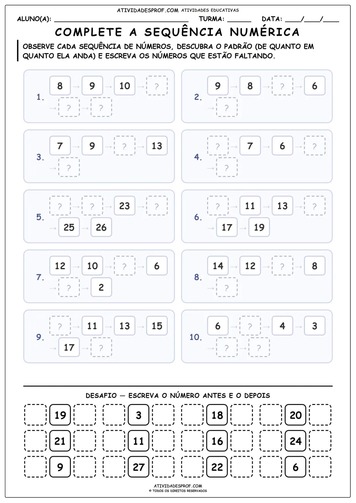 COMPLETE A SEQUÊNCIA NUMÉRICA