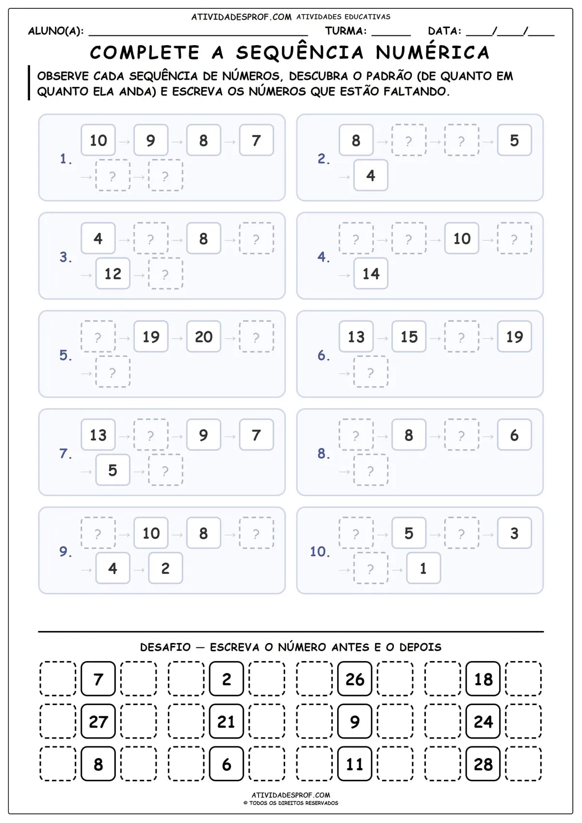 COMPLETE A SEQUÊNCIA NUMÉRICA