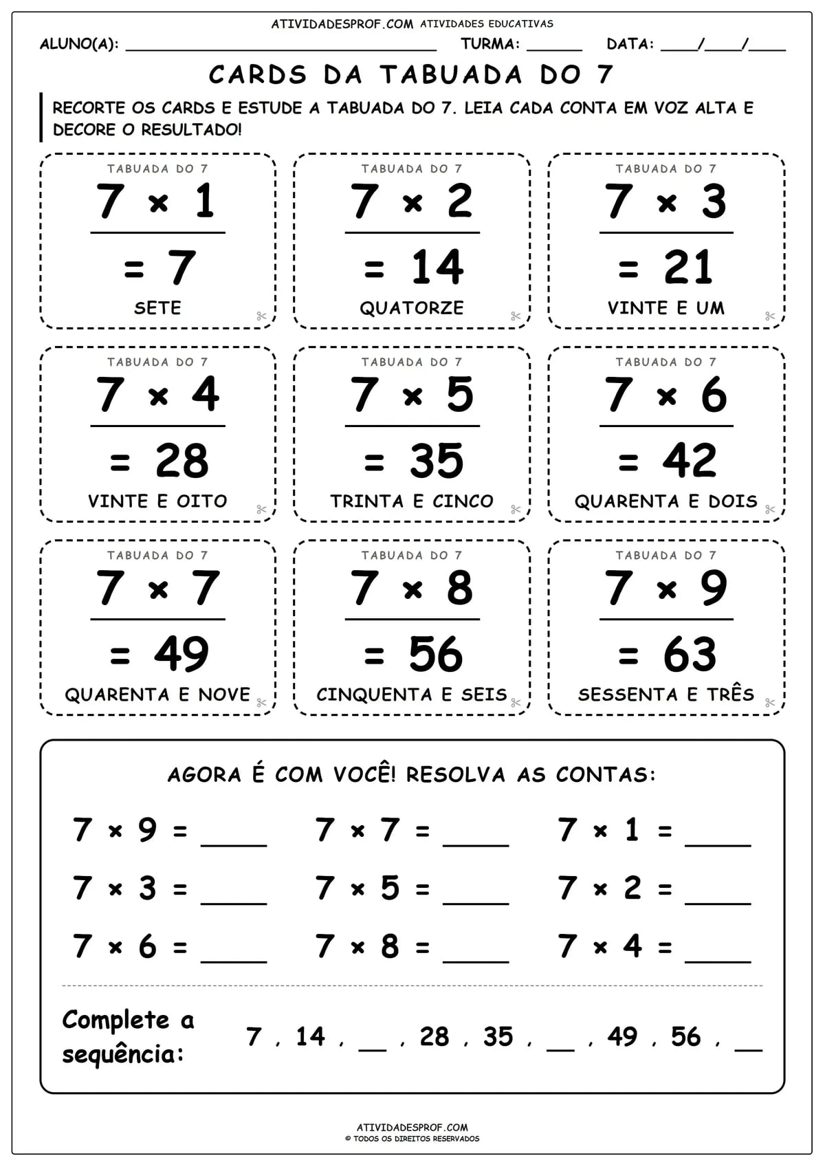 CARDS DA TABUADA DO 7