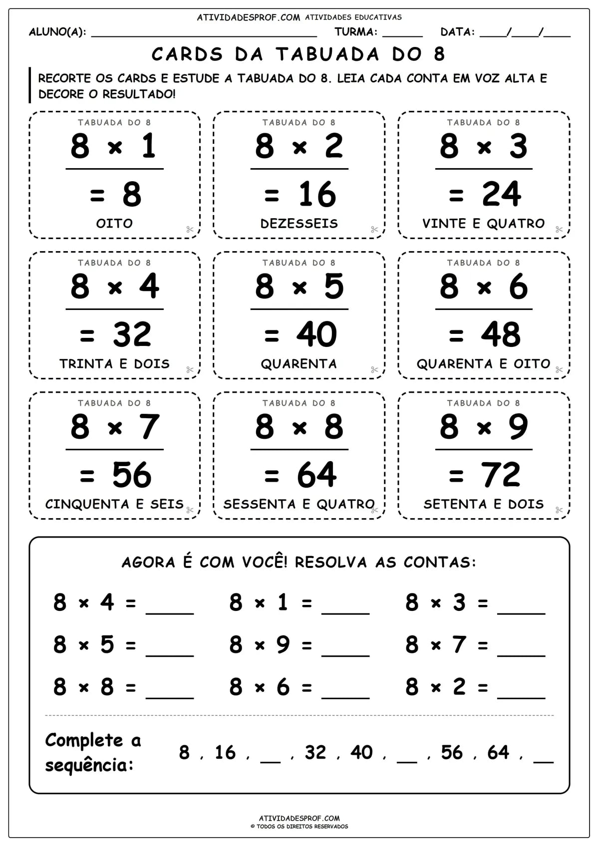 CARDS DA TABUADA DO 8