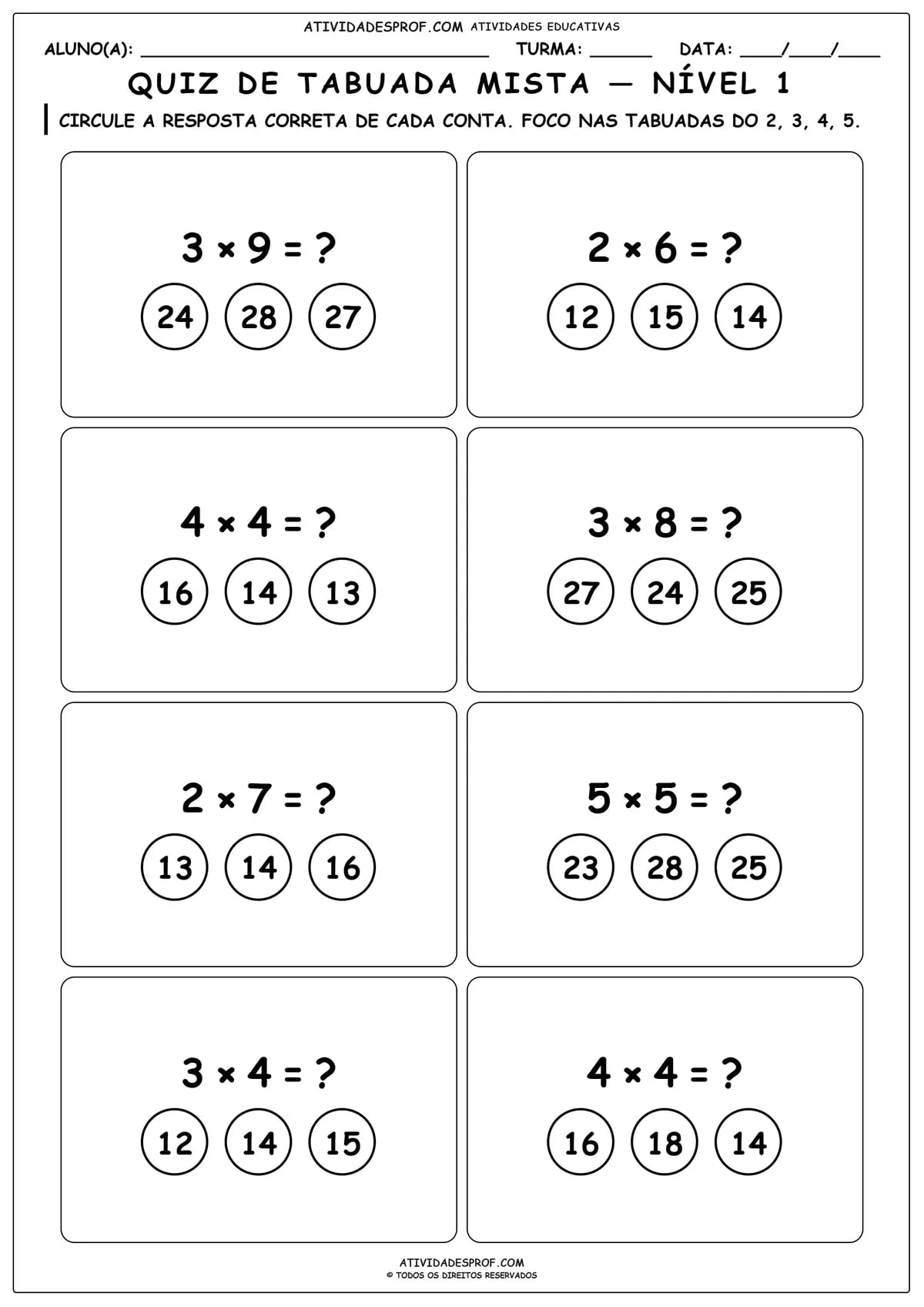 QUIZ DE TABUADA MISTA — NÍVEL 1