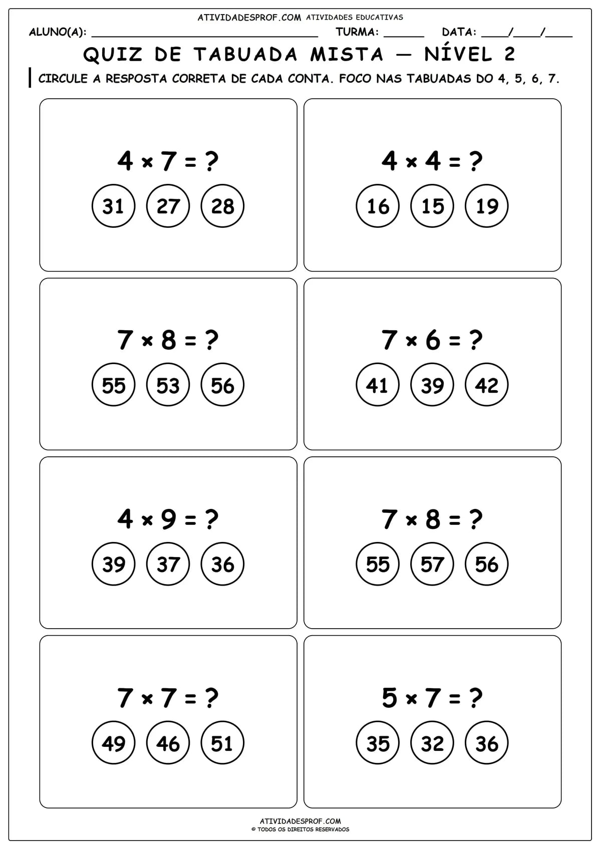 QUIZ DE TABUADA MISTA — NÍVEL 2