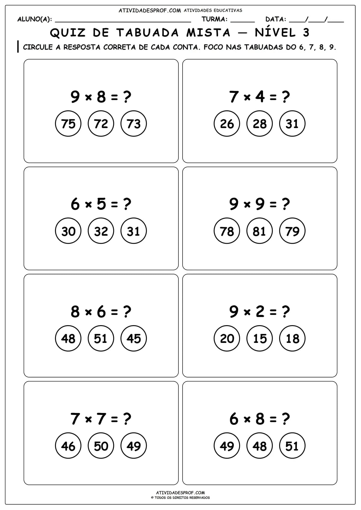 QUIZ DE TABUADA MISTA — NÍVEL 3